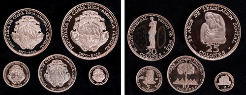 COSTA RICA - Serie di 5 valori (2, 5, 10, 20 e 25 Colones) 1970, PROOF.