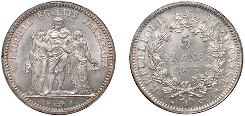 FRANCIA - TERZA REPUBBLICA (1871-1940) - 5 franchi 1873, Parigi.