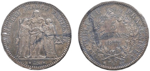 FRANCIA - TERZA REPUBBLICA (1871-1940) - 5 franchi 1873, Parigi.