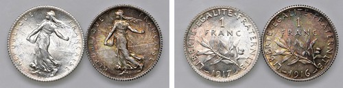 FRANCIA - TERZA REPUBBLICA (1871-1940) - Lotto due esemplari 1 franco 1916 e 1917, Parigi.