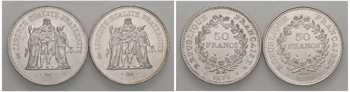 FRANCIA - QUINTA REPUBBLICA (1959-) - Lotto due esemplari da 50 franchi, 1974 e 1975, Parigi.