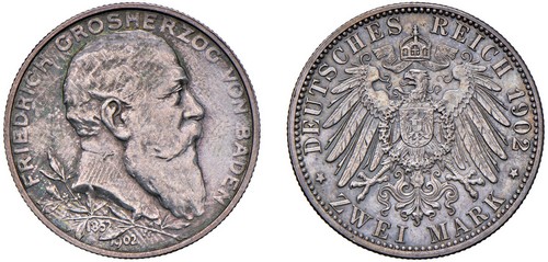 GERMANIA - BADEN - FEDERICO I (1871-1918) - 2 marchi 1902, 50° Anniversario di Regno.