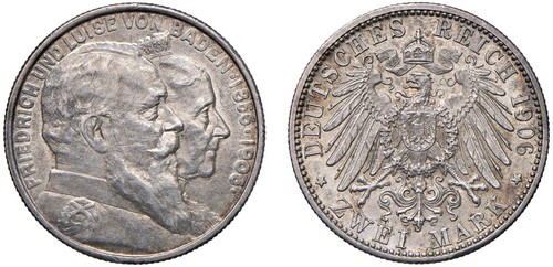 GERMANIA - BADEN - FEDERICO I (1871-1918) - 2 marchi 1906, 50° Anniversario del matrimonio con Luisa di Prussia.