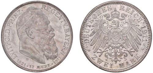 GERMANIA - BAVIERA - PRINCIPE REGGENTE LUITPOLD (1886-1912) - 2 Marchi 1911, Monaco.