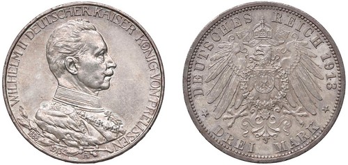 GERMANIA - PRUSSIA - GUGLIELMO II (1888-1918) -  3 marchi 1913 A, 25° Anniversario di Regno.