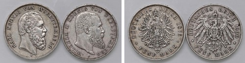 GERMANIA - WURTTEMBERG - CARLO I e GUGLIELMO II (1864-1891) - Lotto due monete da 5 Marchi (1876 e 1900 F).