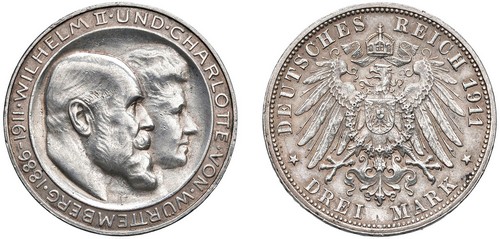 GERMANIA - WURTTEMBERG - GUGLIELMO II (1891-1918) - 3 marchi 1911, 25° anniversario del matrimonio con Carlotta.