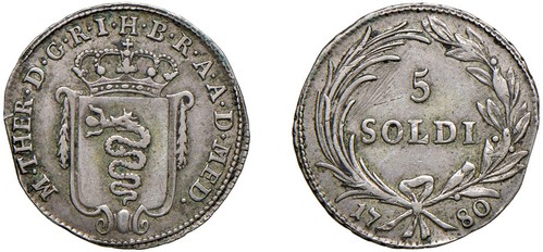 MARIA TERESA D'ASBURGO, Nuova monetazione (1778-1780) - 5 soldi 1780, Milano.