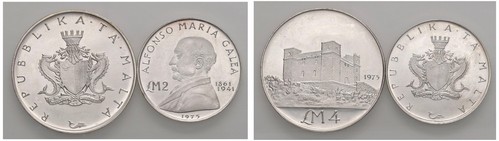 MALTA - Lotto due monete da 2 e 4 Pounds, 1975.