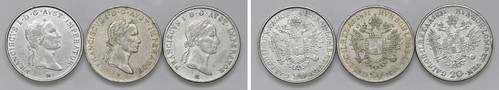 FRANCESCO I D'ASBURGO-LORENA, monetazione per l'Impero (1815-1835) - Lotto di 3 monete da 20 Kreuzer, II tipo.