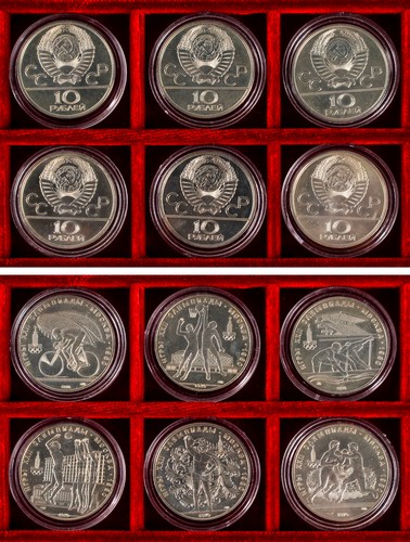 RUSSIA - UNIONE SOVIETICA (1922 - 1991) - Lotto di 6 monete da 10 rubli commemorative delle Olimpiadi di Mosca 1980.