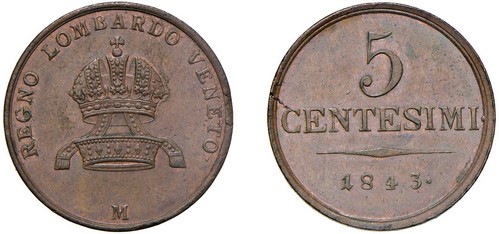 FERDINANDO I D'ASBURGO-LORENA (1835-1848) - 5 centesimi 1843, Milano.