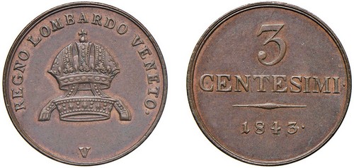 FERDINANDO I D'ASBURGO-LORENA (1835-1848) - 3 centesimi 1843, Venezia.