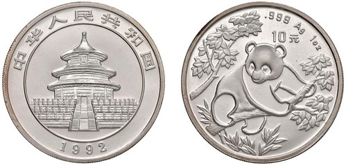 CINA - Repubblica Popolare (1949-) - 10 Yuan da 1 oncia, Serie Panda Proof, 1992.