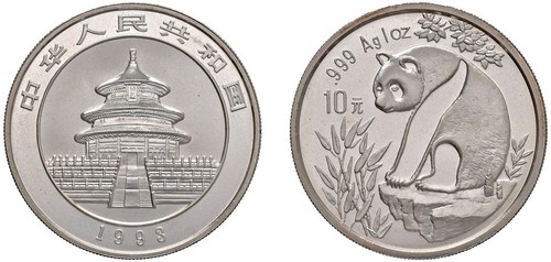 CINA - Repubblica Popolare (1949-) - 10 Yuan da 1 oncia, Serie Panda Proof, 1993.