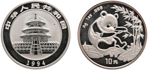 CINA - Repubblica Popolare (1949-) - 10 Yuan da 1 oncia, Serie Panda Proof, 1994.