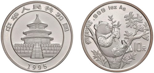CINA - Repubblica Popolare (1949-) - 10 Yuan da 1 oncia, Serie Panda Proof, 1995.