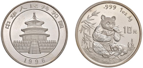 CINA - Repubblica Popolare (1949-) - 10 Yuan da 1 oncia, Serie Panda Proof, 1996.