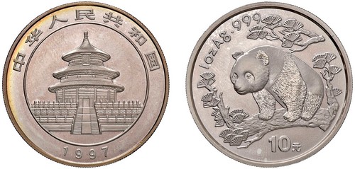 CINA - Repubblica Popolare (1949-) - 10 Yuan da 1 oncia, Serie Panda Proof, 1997.