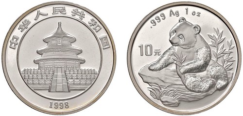 CINA - Repubblica Popolare (1949-) - 10 Yuan da 1 oncia, Serie Panda Proof, 1998.