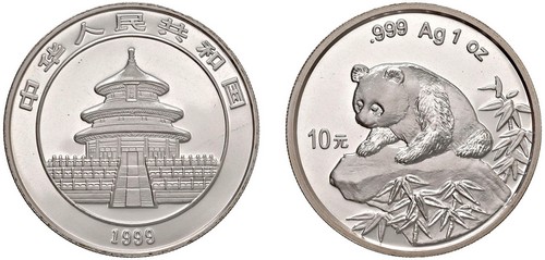 CINA - Repubblica Popolare (1949-) - 10 Yuan da 1 oncia, Serie Panda Proof, 1999.