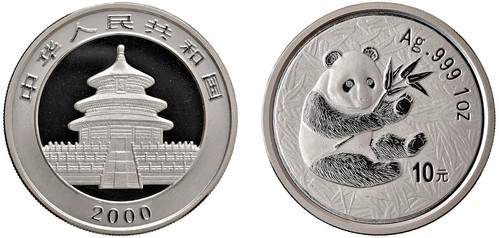 CINA - Repubblica Popolare (1949-) - 10 Yuan da 1 oncia, Serie Panda Proof, 2000.