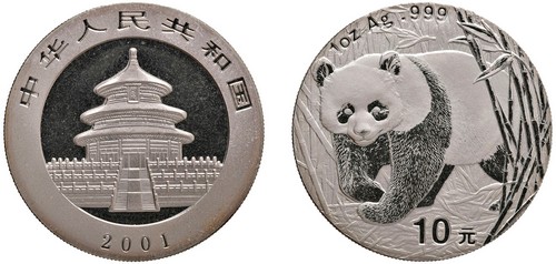 CINA - Repubblica Popolare (1949-) - 10 Yuan da 1 oncia, Serie Panda Proof, 2001.