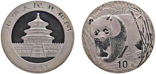 CINA - Repubblica Popolare (1949-) - 10 Yuan da 1 oncia, Serie Panda Proof, 2002.