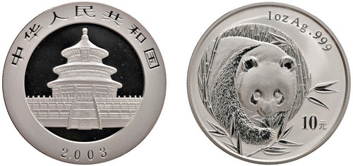 CINA - Repubblica Popolare (1949-) - 10 Yuan da 1 oncia, Serie Panda Proof, 2003.