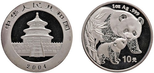 CINA - Repubblica Popolare (1949-) - 10 Yuan da 1 oncia, Serie Panda Proof, 2004.