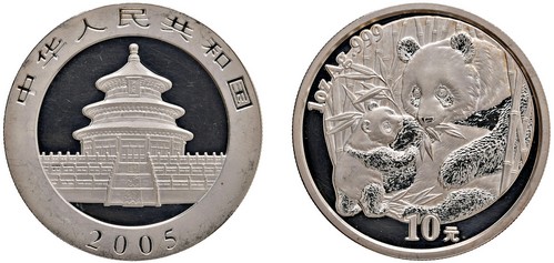 CINA - Repubblica Popolare (1949-) - 10 Yuan da 1 oncia, Serie Panda Proof, 2005.