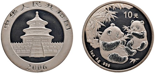 CINA - Repubblica Popolare (1949-) - 10 Yuan da 1 oncia, Serie Panda Proof, 2006.