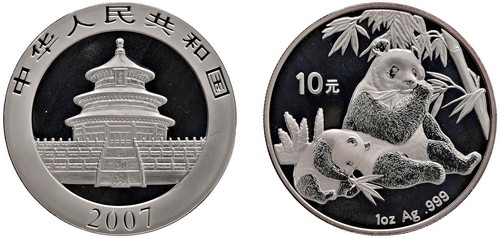 CINA - Repubblica Popolare (1949-) - 10 Yuan da 1 oncia, Serie Panda Proof, 2007.