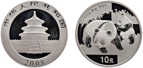 CINA - Repubblica Popolare (1949-) - 10 Yuan da 1 oncia, Serie Panda Proof, 2008.