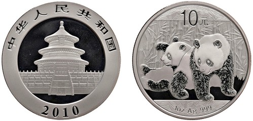 CINA - Repubblica Popolare (1949-) - 10 Yuan da 1 oncia, Serie Panda Proof, 2010.
