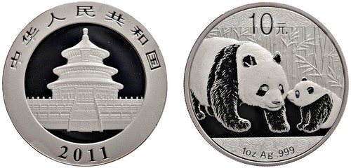 CINA - Repubblica Popolare (1949-) - 10 Yuan da 1 oncia, Serie Panda Proof, 2011.