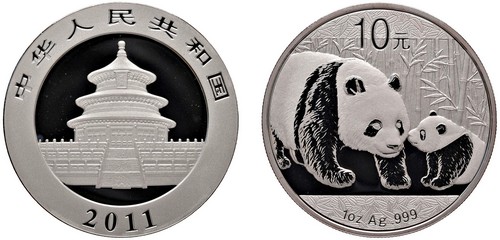 CINA - Repubblica Popolare (1949-) - 10 Yuan da 1 oncia, Serie Panda Proof, 2011.