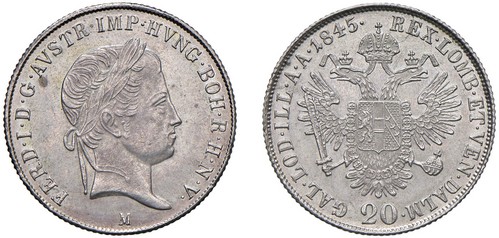 FERDINANDO I D'ASBURGO-LORENA, monetazione per l'Impero (1835-1848) - 20 kreuzer 1845, Milano.