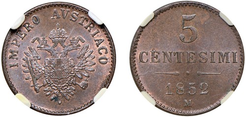 FRANCESCO GIUSEPPE I D'ASBURGO-LORENA (1848-1866) - 5 centesimi 1852, Milano.