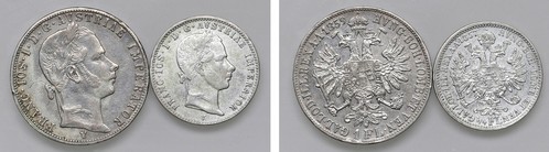 FRANCESCO GIUSEPPE I D'ASBURGO-LORENA, monetazione per l'Impero (1848-1866) - Lotto due monete da ¼ di fiorino (1857 VE) e 1 fiorino (1859 VE).