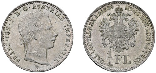 FRANCESCO GIUSEPPE I D'ASBURGO-LORENA, monetazione per l'Impero (1848-1866) - 1/4 di Fiorino 1859, II tipo, Milano.