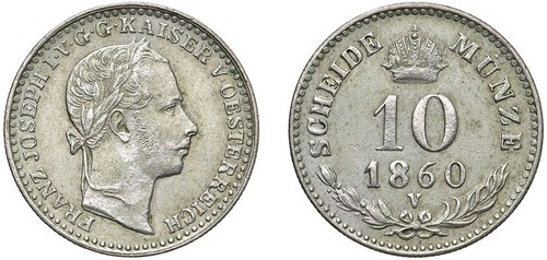 FRANCESCO GIUSEPPE I D'ASBURGO-LORENA, monetazione per l'Impero (1848-1866) - 10 Kreuzer 1860, Venezia.