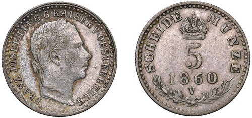 FRANCESCO GIUSEPPE I D'ASBURGO-LORENA, monetazione per l'Impero (1848-1866) - 5 Kreuzer 1860, Venezia.