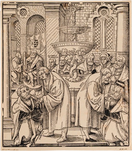 Lucas Cranach il Vecchio (Kronach, 1472 - Weimar, 1553) - I riformatori Lutero e Hus che danno la comunione ai principi della casa di Sassonia
