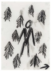 Men in woods, this way
