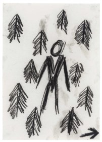 Men in woods, this way