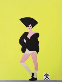Ragazza in pelliccia su giallo