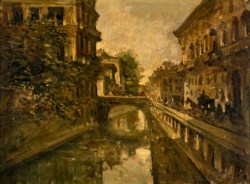Emanuele Ferrazzi (XX) - Coppia di dipinti raffiguranti vedute dei Navigli a Milano