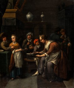 Scuola olandese del secolo XVII - Scena animata d'interno con figure
