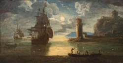 Scuola italiana della fine del secolo XVII - Marina con velieri e pescatori